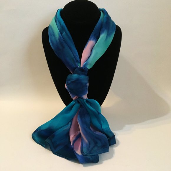Hand Painted Silk Scarf Mint Green Bubblegum Pink Blue Unique Rectangle New Gift - Picture 2 of 3